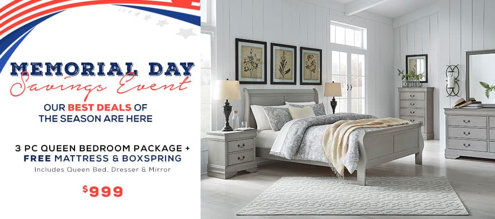 Memorial Day Savings Event 3 PC Queen Bedroom Package + FREE Mattress & Boxspring  Includes Queen Bed, Dresser & Mirror $999